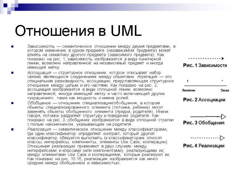 Отношения в UML Зависимость — семантическое отношение между двумя предметами, в котором изменение в Отношения в UML Зависимость — семантическое отношение между двумя предметами, в котором изменение в